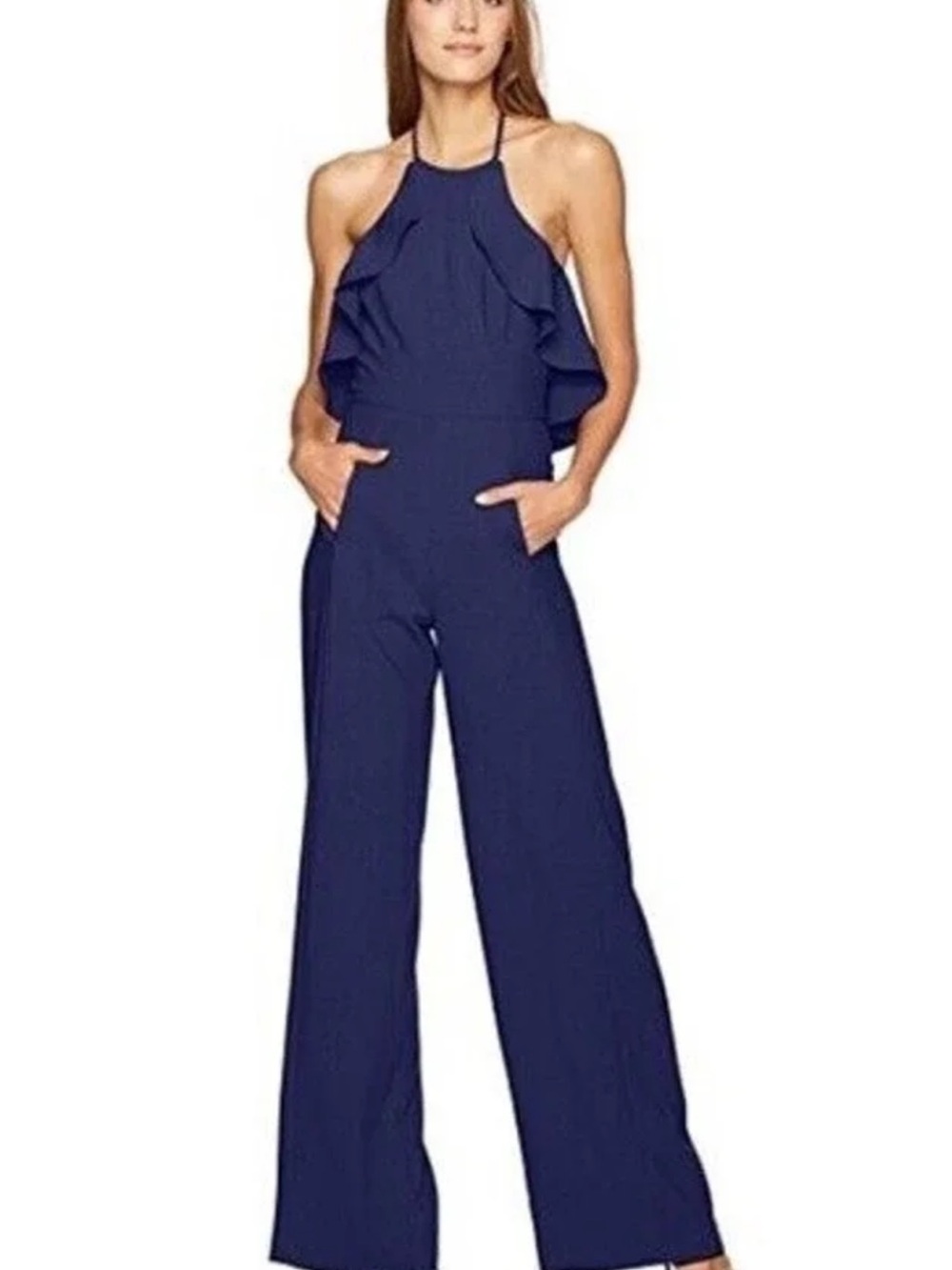 Black Halo Navy Ruffle Halter Jumpsuit